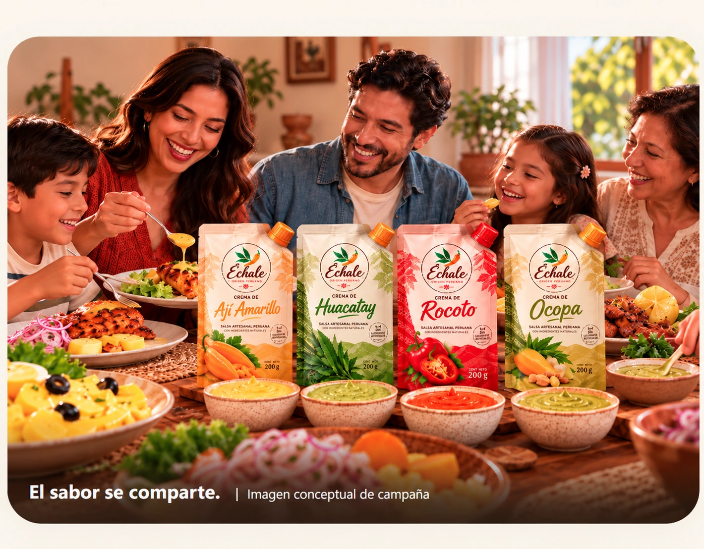 Imagen conceptual de familia compartiendo cremas Échale en doypack con tapas laterales
