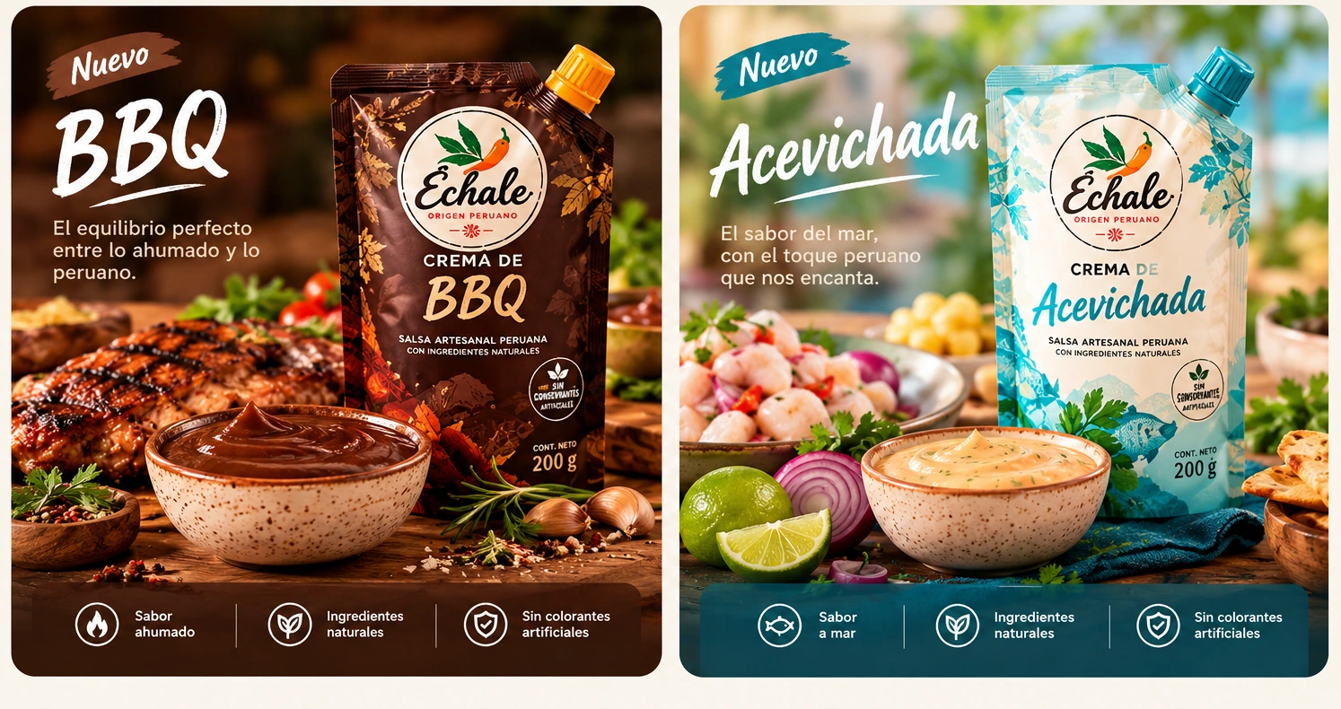 Dos propuestas conceptuales Échale: crema BBQ marrón con tapa lateral y crema Acevichada azul con tapa lateral, presentadas junto a platos